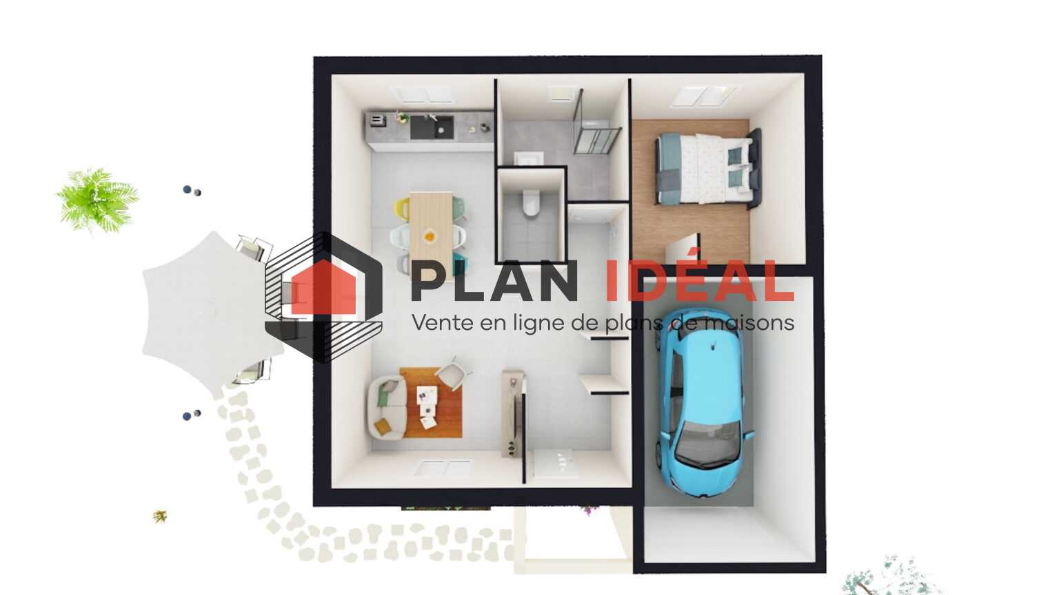 Plan de maison avec 1 chambre plain pied D1PP48 - Plan ideal