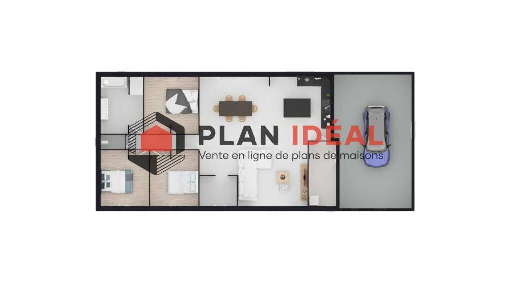 plan de maison rectangulaire avec 3 chambres